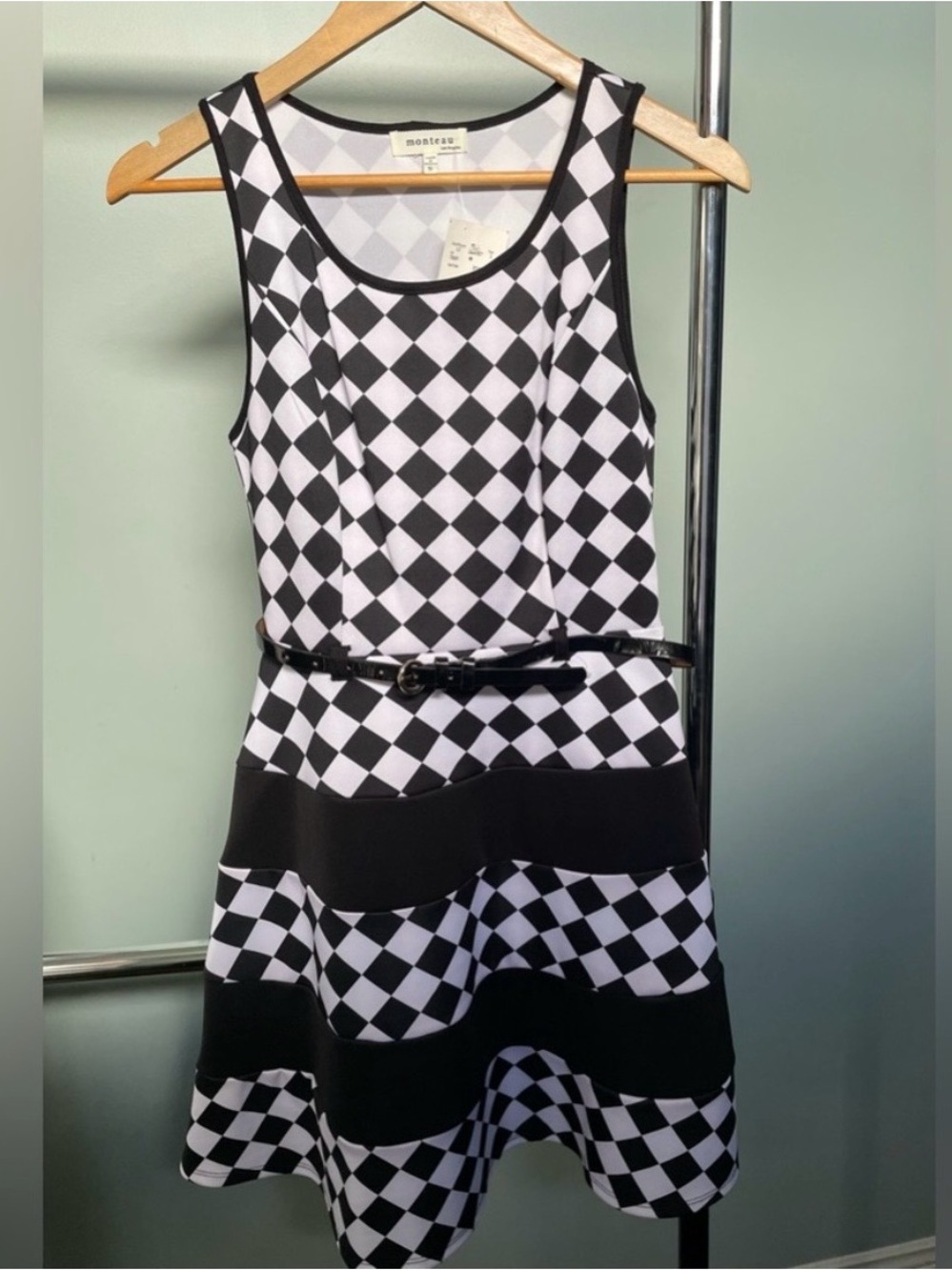 Monteau Black & White Diamond-Pattern Sleeveless A-Line Dress - Picture 2 of 4